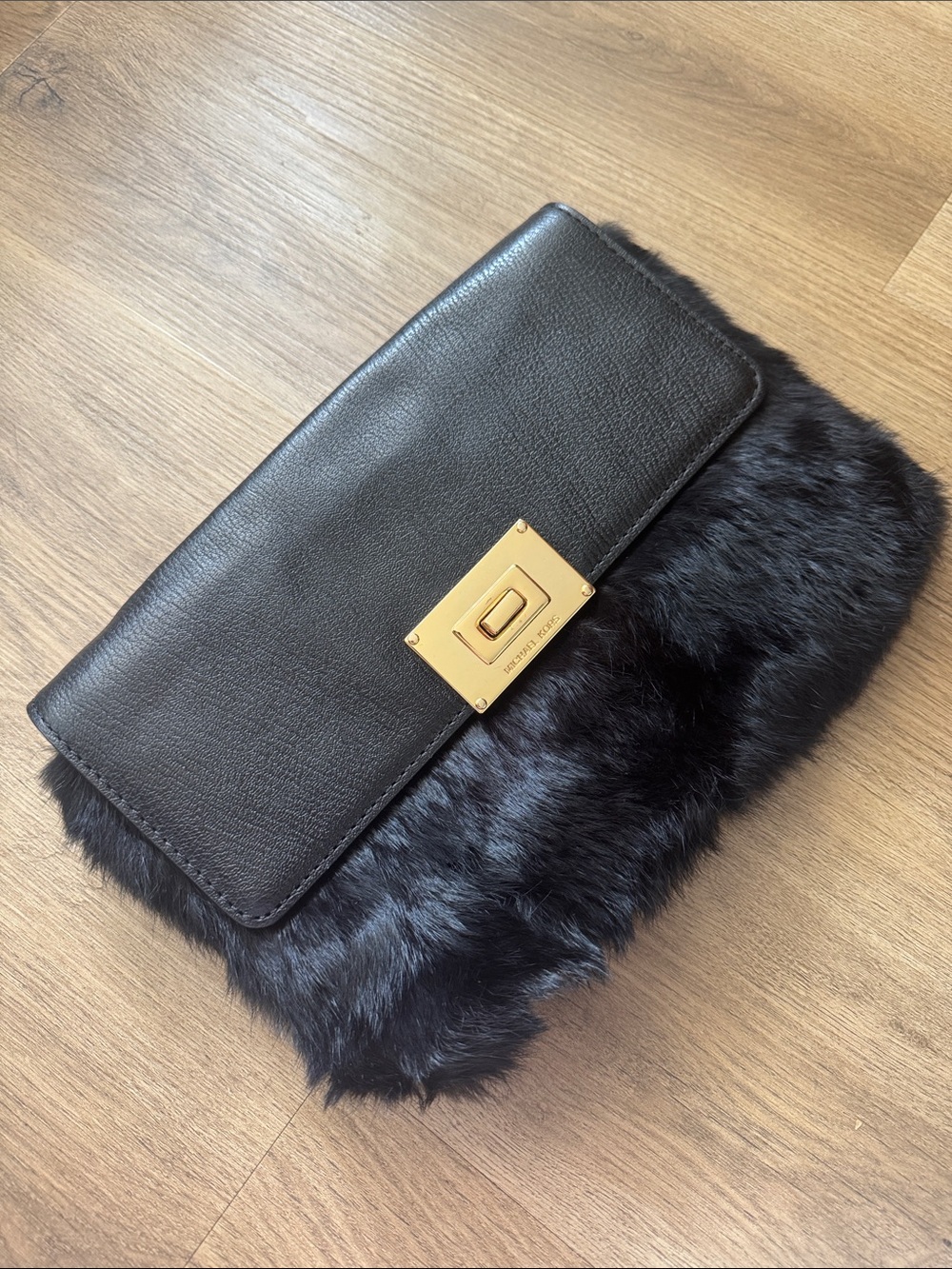Michael Kora Black Fur-Trim Leather Clutch with Gold Hardware NWT